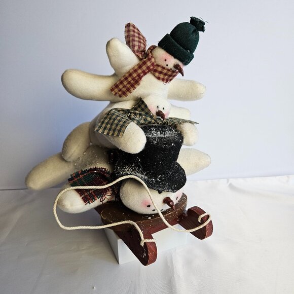 3 Snowmen on Sled Country Primitive Winter Decor Rustic Christmas Figurine - Picture 1 of 7